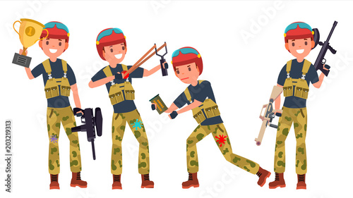 Paintball Player Vector. Shooting, Running. Teammates In Different Poses. Gun. Battle Sport Competitions. Cartoon Character Illustration