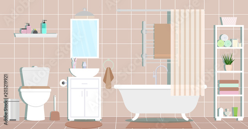 Interior design of the bathroom. Vector flat illustration.
