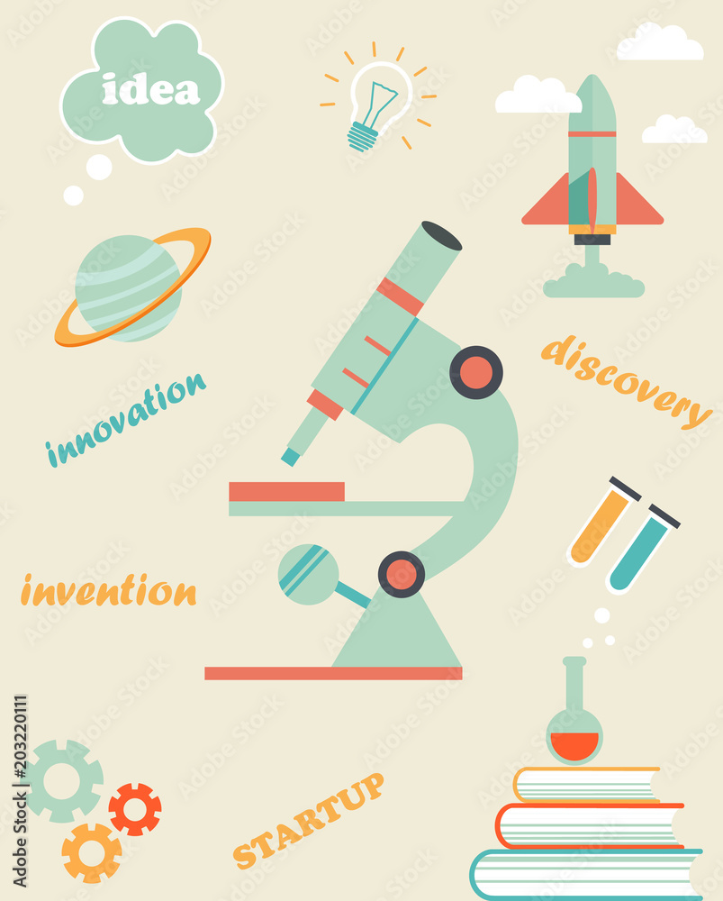 Scientific startup poster with elements of discovery or invention Scientific startup poster with elements of discovery or invention