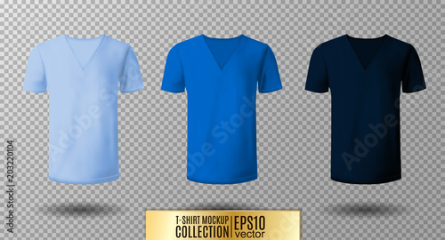 Realistic vector v-neck t-shirt mock up illustration. Light, normal, dark blue colors