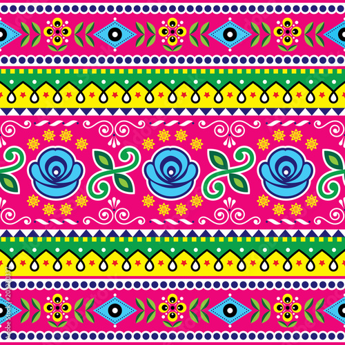 Pakistani seamless vector pattern, Indian truck art design, navy blue and pink ornament with flowers and abstract shapes