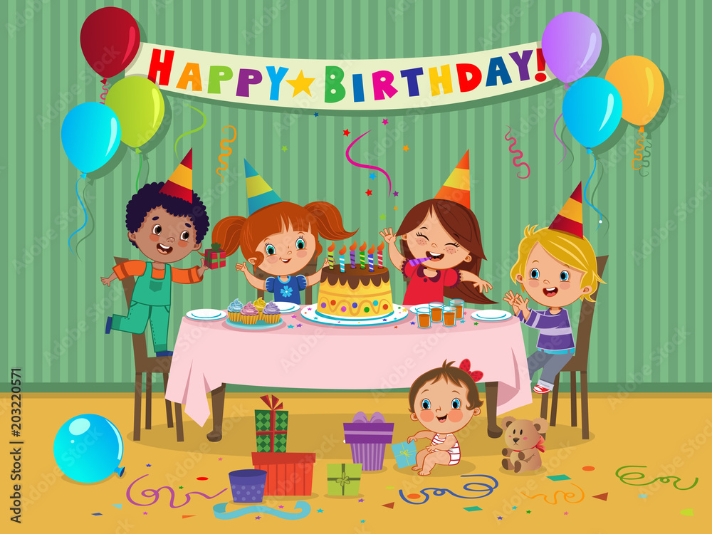 Cartoon kids party with sweets and gifts on birthday celebration. Vector  illustration. Stock Vector | Adobe Stock