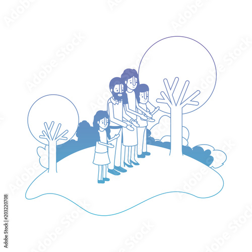 parents couple with son and daughter in field landscape vector illustration