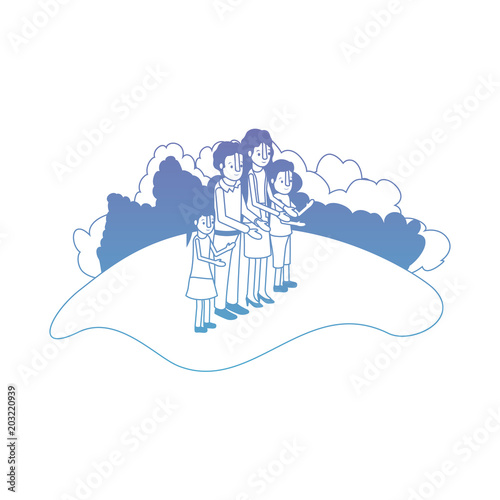 parents couple with son and daughter in field landscape vector illustration