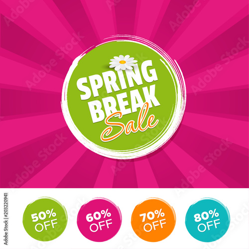 Spring break Sale color banner and 50%, 60%, 70% & 80% Off Marks. Vector illustration.