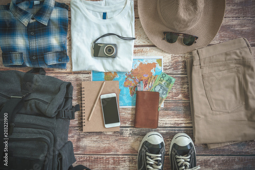 Traveler items vacation travel accessories holiday long weekend  day off travelling stuff background concept style Overhead flat  choice guide idea for planning travel around the world   