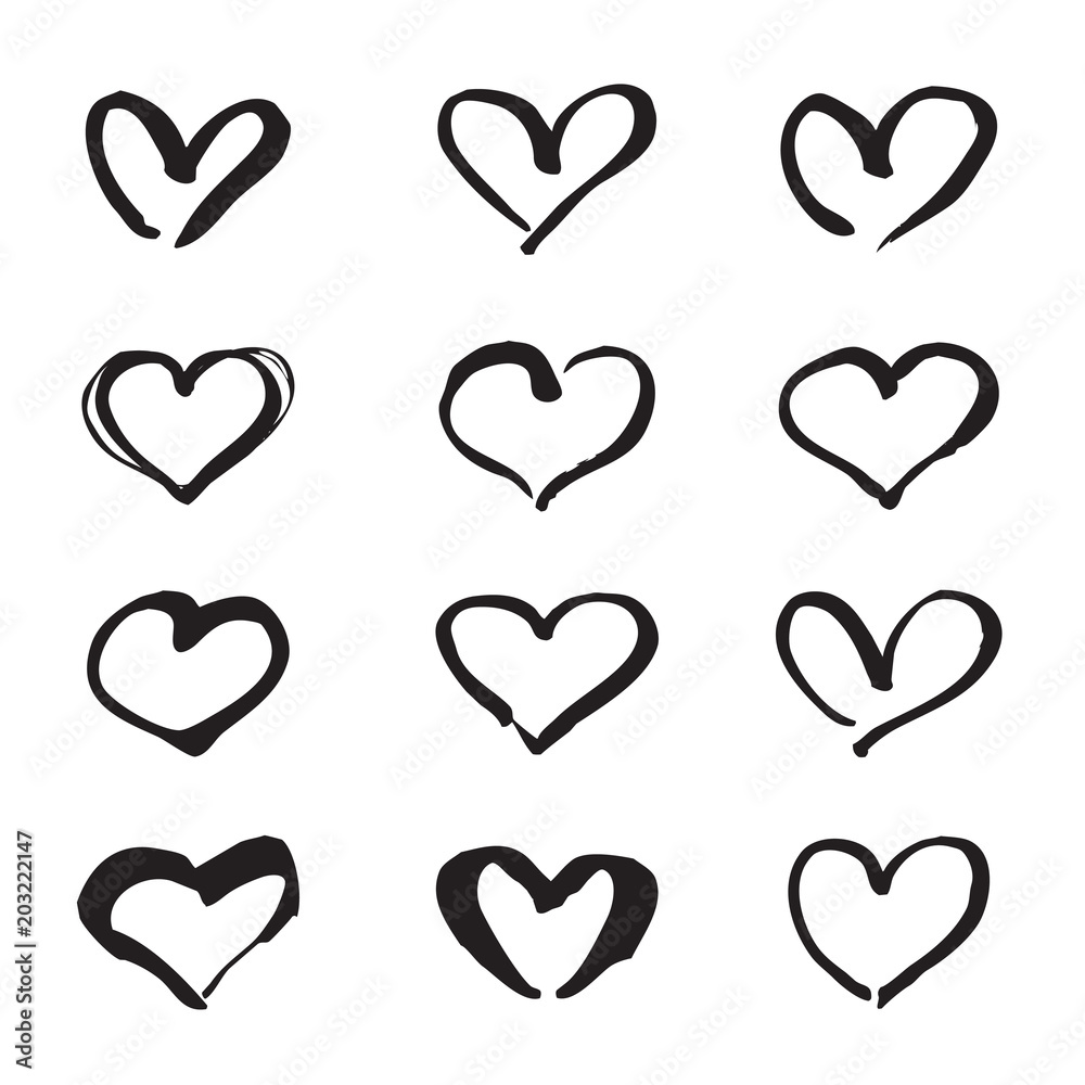 Black hand drawn hearts. Design elements for Valentine's day.