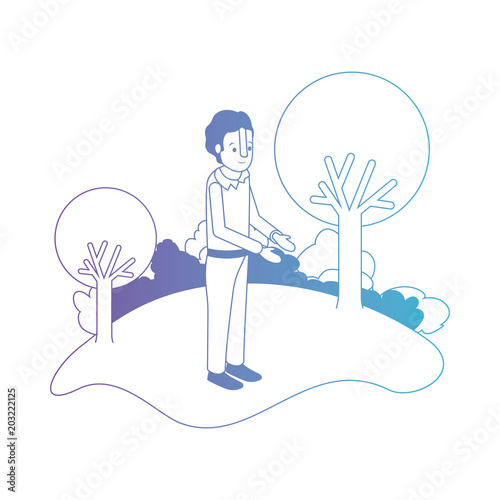 isometric man in field landscape avatar character vector illustration design