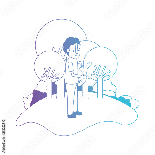 isometric little boy in field landscape character vector illustration design