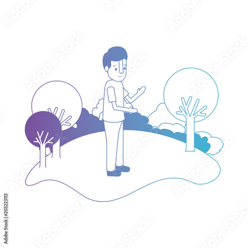 isometric little boy in field landscape character vector illustration design