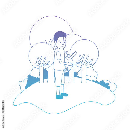 isometric little boy in field landscape character vector illustration design