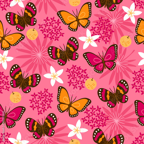 Jungle seamless pattern with butterflies, flowers, orange, palm leaves