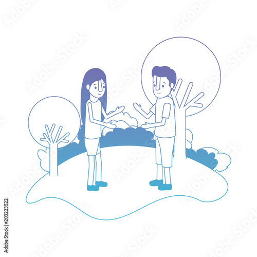 isometric little kids couple in field landscape character vector illustration