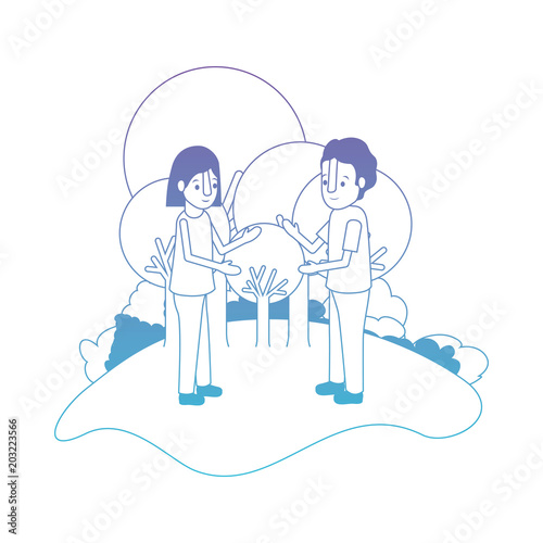 isometric little kids couple in field landscape character vector illustration