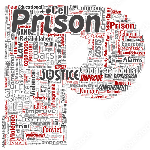 Vector conceptual prison, justice, crime letter font P red word cloud isolated background. Collage of punishment, law, rights, social, authority, system, civil, trial, rehabilitation, freedom concept