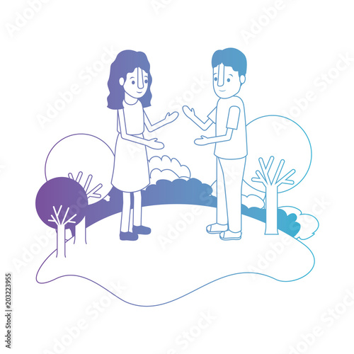 couple isometrics in field landscape avatars characters vector illustration