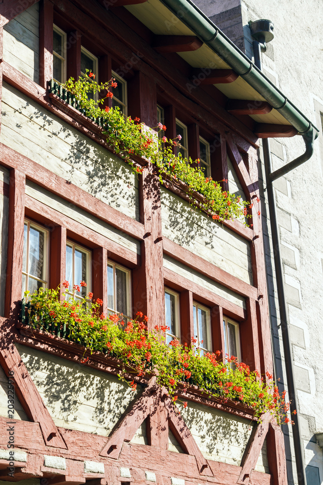 Medieval house with many flower pots, Stein am Rhein, Switzerland