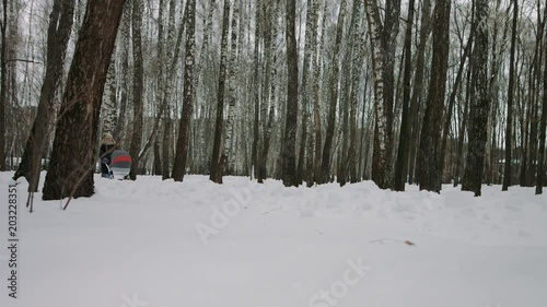 Wallpaper Mural Mother walking with a baby stroller In the snowy forest Torontodigital.ca