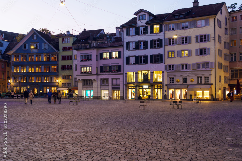 Panoramic view of Munsterhof square with Guild houses at night, Zurich, Switzerland
