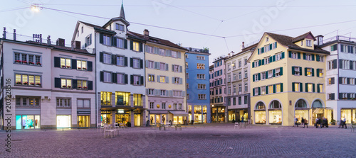 Panoramic view of Munsterhof square with Guild houses at night, Zurich, Switzerland photo