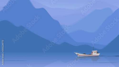 Landscape with single ship vector illustration