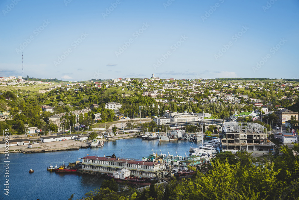 Beautiful view of Sevastopol from the observation platform in spring sunny day