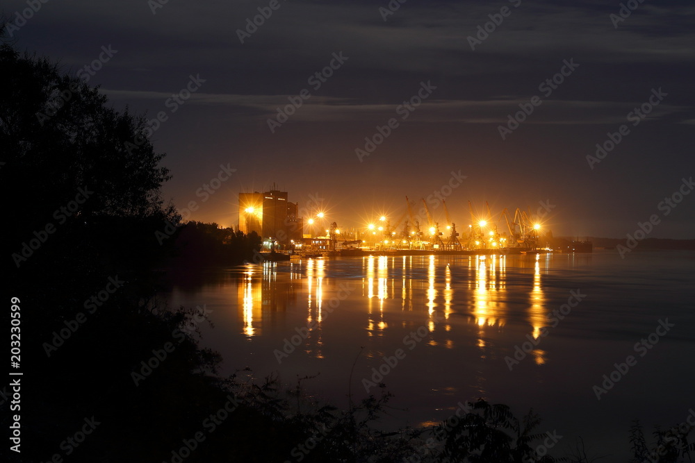 View of the port on the banks of the Danube River at night