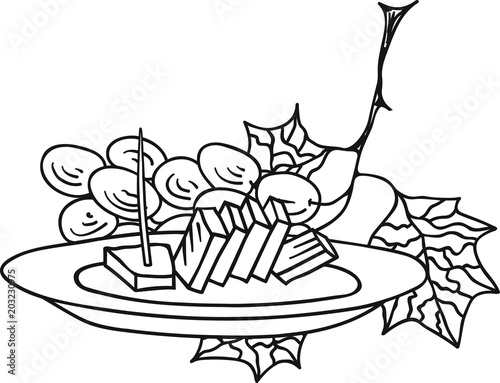 Hand Drawn Doodle Sketch Line Art Vector Illustration of Bunch of Ripe Grape and Plate of Cheese. Emblem Poster Banner Black Outline Design Element Template