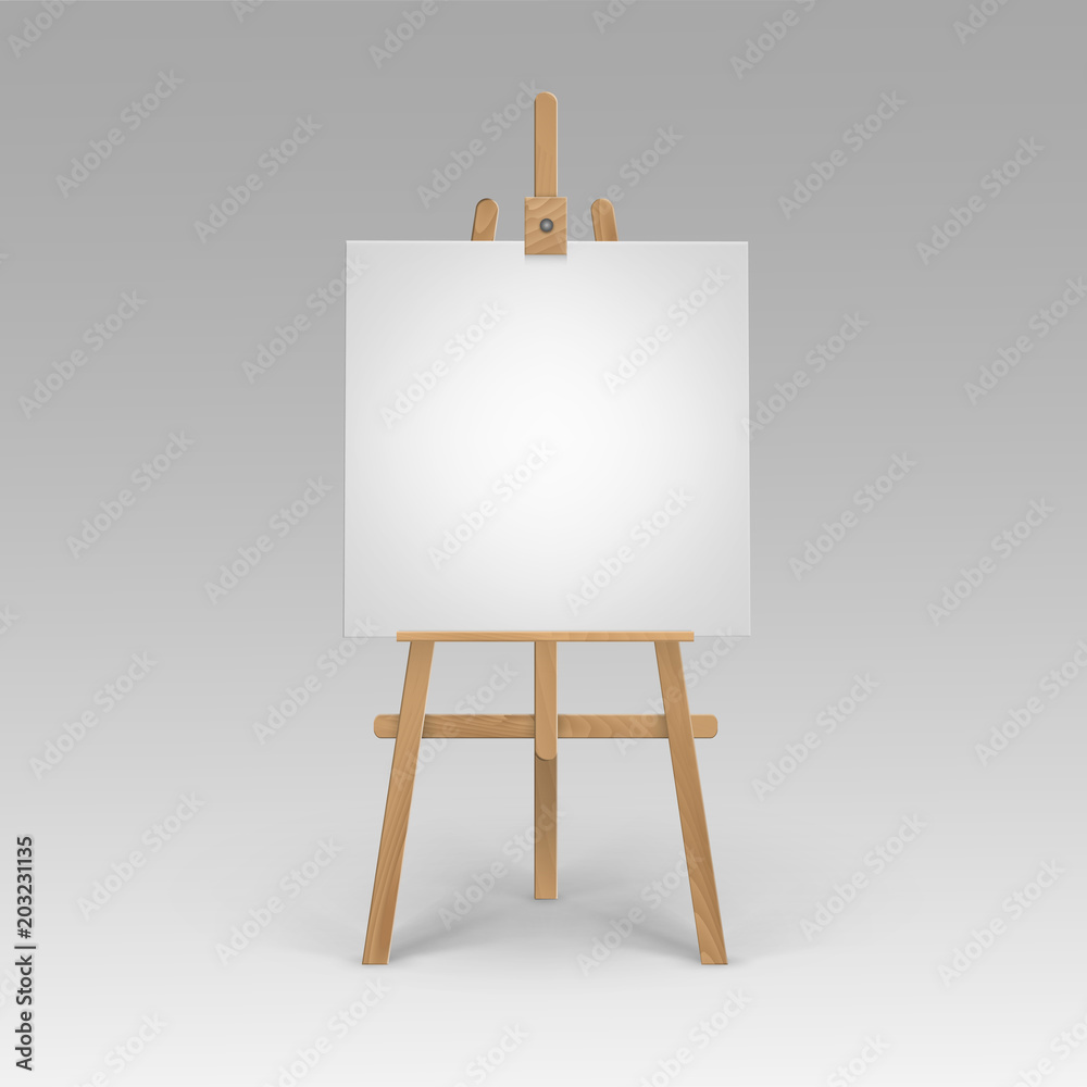 Vector Wooden Brown Sienna Easel with Mock Up Empty Blank Square Canvas Isolated on Background Vector Wooden Brown Sienna Easel with Mock Up Empty Blank Square Canvas Isolated on Background