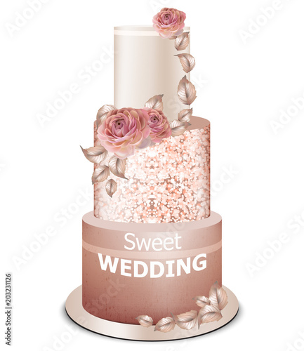 Wedding cake golden decorations and rose flowers Vector. Delicious dessert with fruits sweet designs
