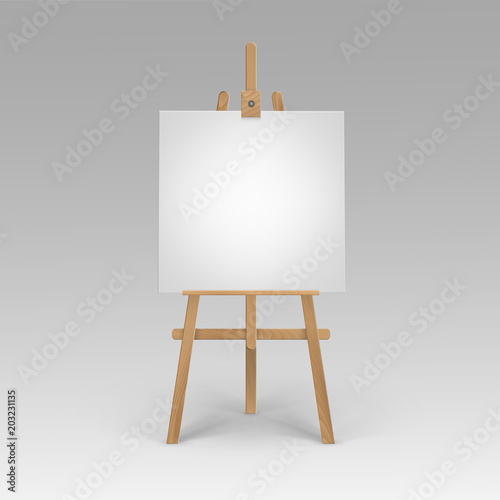Vector Wooden Brown Sienna Easel with Mock Up Empty Blank Square Canvas Isolated on Background