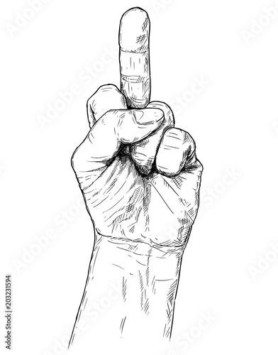 Vector artistic pen and ink drawing illustration of fuck you or fuck off middle finger up hand gesture. Business concept of aggression signal or symbol.