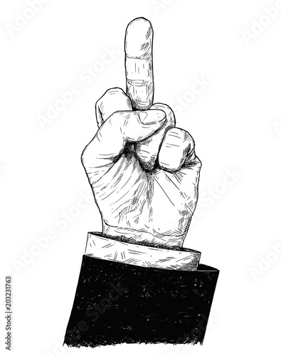 Vector artistic pen and ink drawing illustration of fuck you or fuck off middle finger up businessman hand in suit gesture. Business concept of aggression signal or symbol.