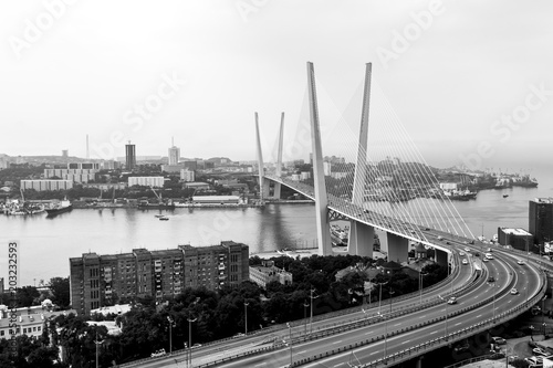 Golden Bridge in Vladivostok, Russia. Black and white image