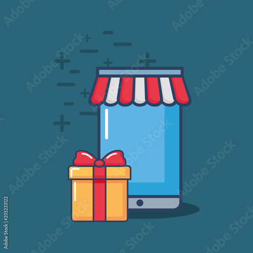 shopping online design with smartphone and gift box over blue background, colorful design. vector illustration