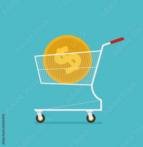 Flat Supermarket Cart Icon with Golden Coin Money