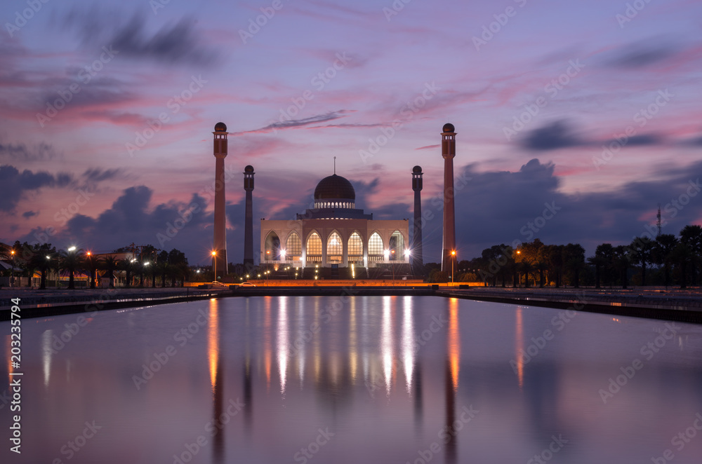 Landscape of central mosque at twilight time, Songkhla, Beautiful destination place of southern Thailand.