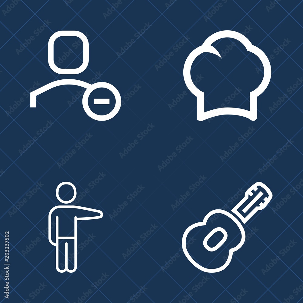 Premium set of outline vector icons. Such as uniform, kitchen, occupation, professional, sign, business, chief, showing, web, rock, person, people, male, pointing, white, hand, man, user, delete, hat Premium set of outline vector icons. Such as uniform, kitchen, occupation, professional, sign, business, chief, showing, web, rock, person, people, male, pointing, white, hand, man, user, delete, hat