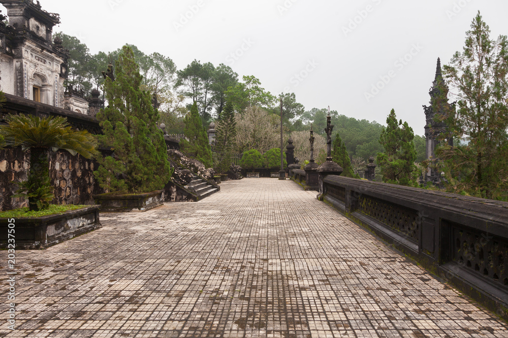 Vietnam, Hue. The last stair platform leading to the Thien Dinh palace at Royal Khai Dinh Tomb complex.