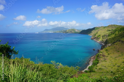 Fototapeta Naklejka Na Ścianę i Meble -  Landscape view of Basseterre Bay in the Caribbean Sea in the Christophe Harbour area in the island of St Kitts, St Kitts and Nevis