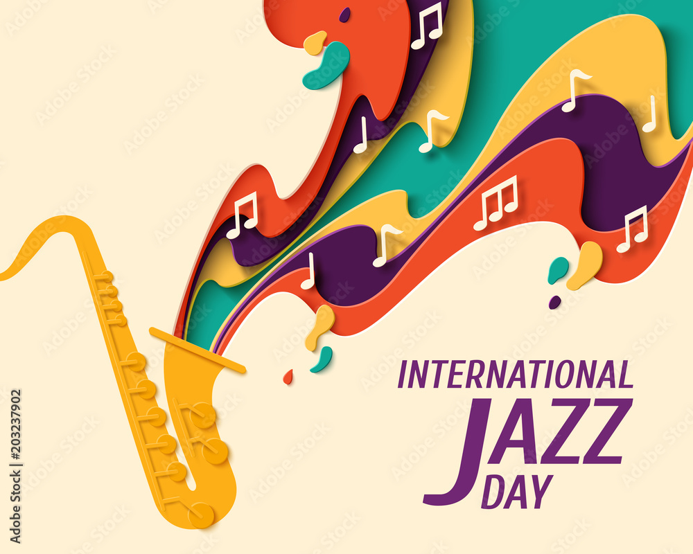 Naklejka premium International Jazz Day - music paper cut style poster for jazz festival or night blues retro party with saxophone and notes. Vector paper craft vintage music background