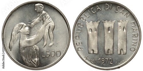 Fotografi San Marino coin five hundred lira 1972, woman holding a child, three ancient tow