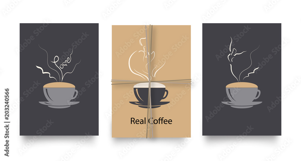 Vector set of posters or cards in coffee style. Vintage or retro templates for flyers, invitations, or cafe menu design. Coffee cups with soaring word love, kissing couple and dancing ballerina.