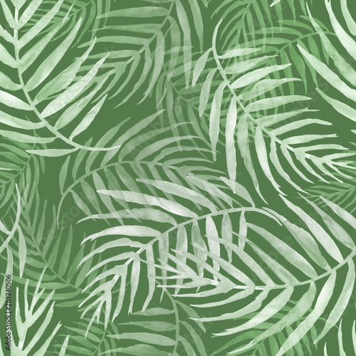 Seamless watercolor pattern, background. Palm leaf background, postcard. Green tropical palm leaf. Illustration for design wedding invitations, greeting cards, postcards.