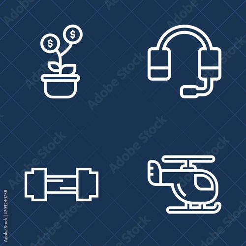 Premium set of outline vector icons. Such as money, gym, chopper, air, transport, operator, communication, green, center, audio, fit, wealth, finance, entertainment, transportation, sound, microphone