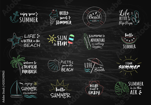 Summer typography with icons - chalk drawings. Vector.