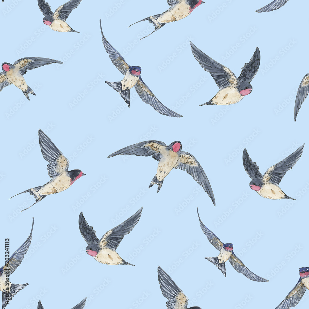 Obraz premium hand drawn painted seamless pattern of watercolor sketch of isolated swallow birds in sky