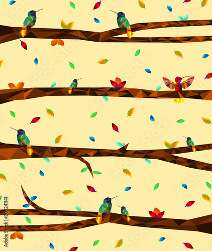 Low poly colorful Hummingbird with tree on falling leaves back ground, birds on the branches ,animal geometric concept,vector.	