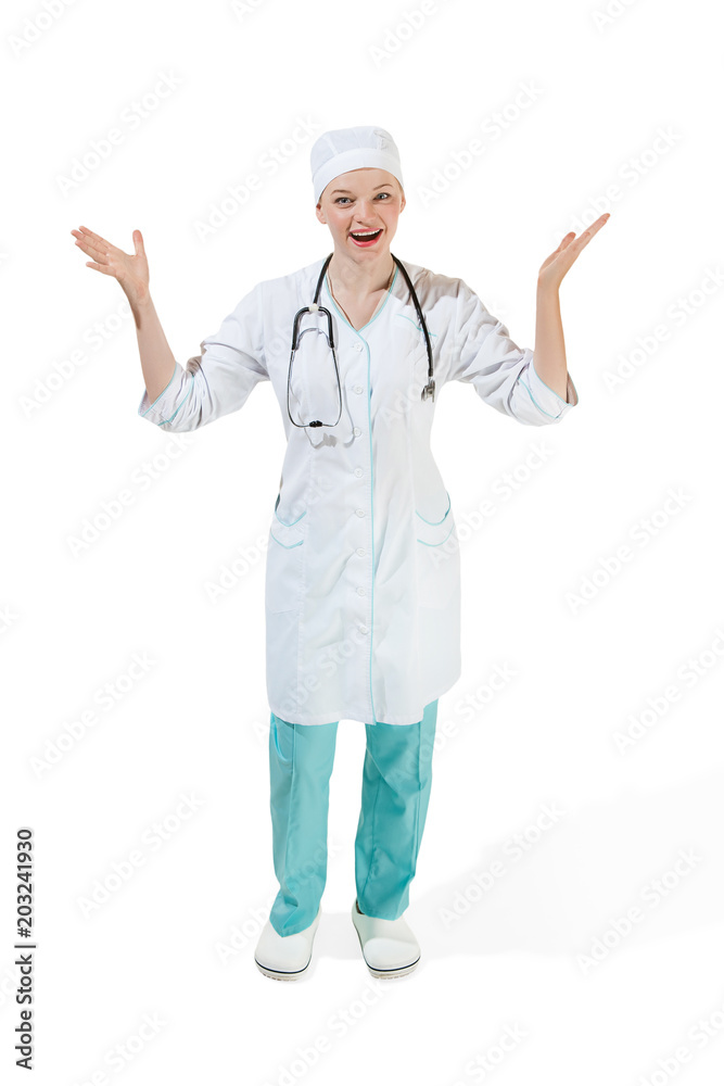 Beautiful young woman in white coat posing and laughs at studio. Full length studio shot isolated on white. Beautiful young woman in white coat posing and laughs at studio. Full length studio shot isolated on white.
