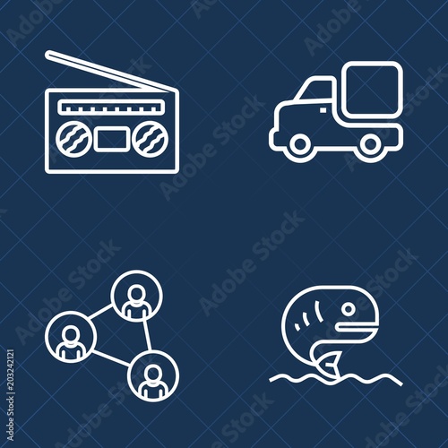 Premium set of outline vector icons. Such as food, player, cargo, truck, media, technology, transport, audio, screen, digital, mobile, seafood, animal, sound, sea, logistics, van, transportation, play